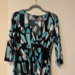 AB Studio Black, Teal & White Abstract Wrap Blouse